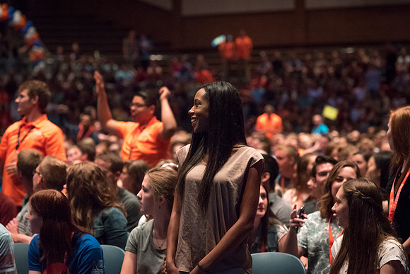 Newly incoming freshman meet in the Hart auditorium for a Living and Learning meeting at the start of the semester.