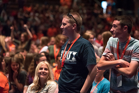 Newly incoming freshman meet in the Hart auditorium for a Living and Learning meeting at the start of the semester.