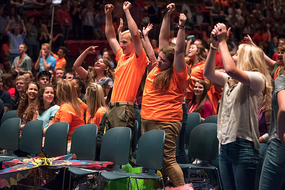 Newly incoming freshman meet in the Hart auditorium for a Living and Learning meeting at the start of the semester.