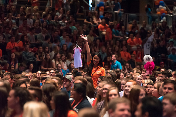Newly incoming freshman meet in the Hart auditorium for a Living and Learning meeting at the start of the semester.