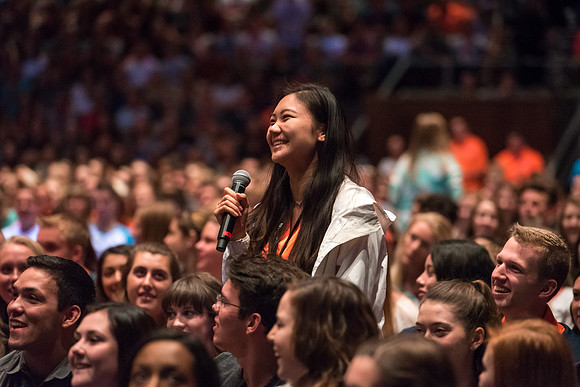 Newly incoming freshman meet in the Hart auditorium for a Living and Learning meeting at the start of the semester.
