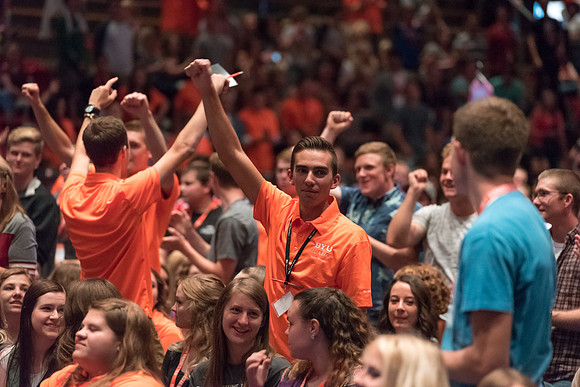 Newly incoming freshman meet in the Hart auditorium for a Living and Learning meeting at the start of the semester.