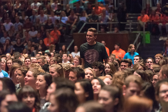 Newly incoming freshman meet in the Hart auditorium for a Living and Learning meeting at the start of the semester.