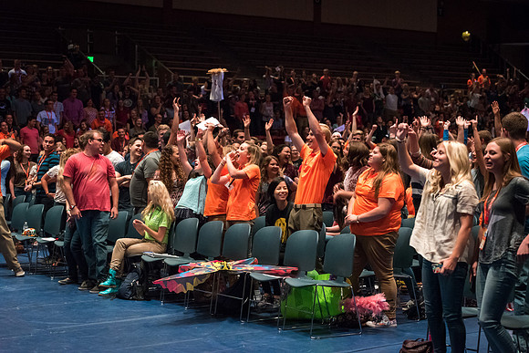 Newly incoming freshman meet in the Hart auditorium for a Living and Learning meeting at the start of the semester.