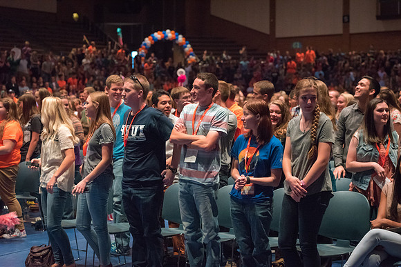 Newly incoming freshman meet in the Hart auditorium for a Living and Learning meeting at the start of the semester.
