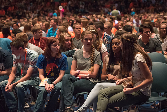 Newly incoming freshman meet in the Hart auditorium for a Living and Learning meeting at the start of the semester.