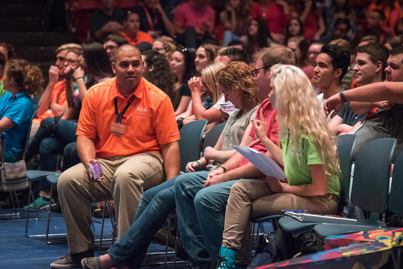 Newly incoming freshman meet in the Hart auditorium for a Living and Learning meeting at the start of the semester.