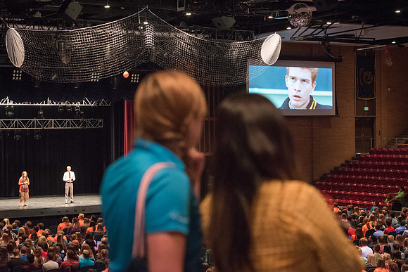 Newly incoming freshman meet in the Hart auditorium for a Living and Learning meeting at the start of the semester.