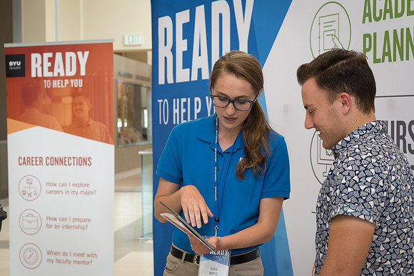 A kiosk is setup in the MC near Legacy Hall where students can get help with their academic planning.