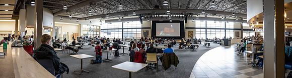 Students gather in the Manwaring Center, Crossroads to study, socialize, and watch devotional.