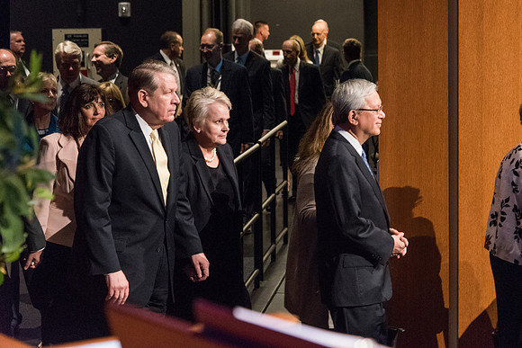Donald L Hallstrom and Sister Hallstrom enter the stage at the start of the Inauguration. 2017 Photo by Garrett Blanchard