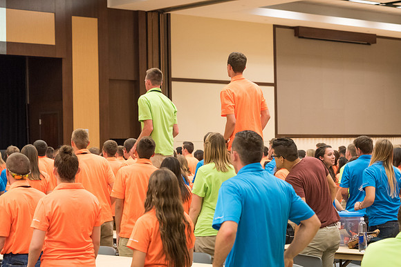 Student Support members break out in a dance at their dinner.