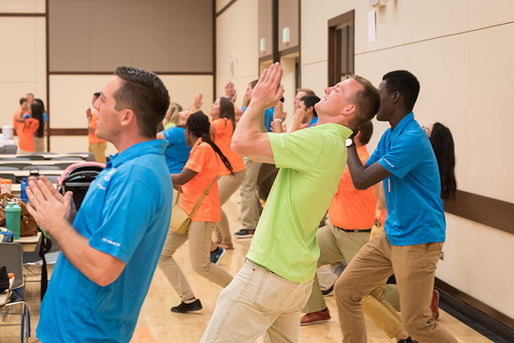 Student Support members break out in a dance at their dinner.