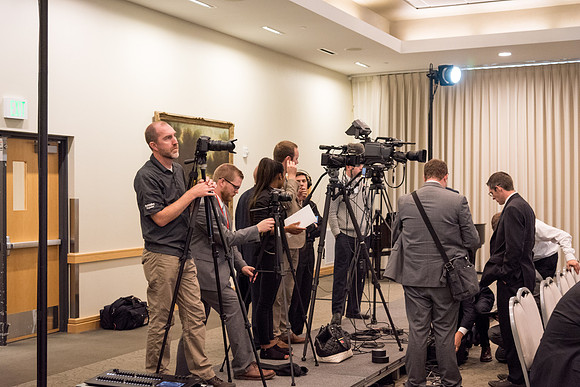 The Press sets up for a conference after the Inauguration of President Henry J. Eyring. 2017