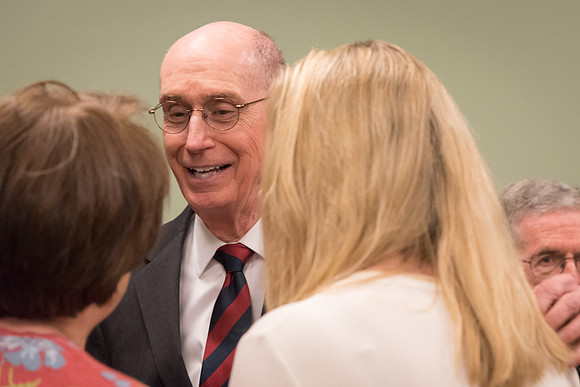 President Henry B. Eyring speaks with others before the Inauguration of Henry J. Eyring. 2017