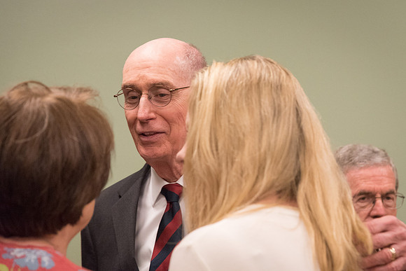 President Henry B. Eyring speaks with others before the Inauguration of Henry J. Eyring. 2017