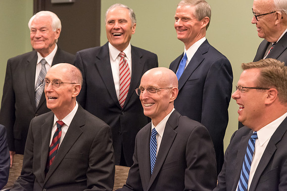 President Henry J. Eyring joins several previous presidents of BYU-Idaho for a group photo.