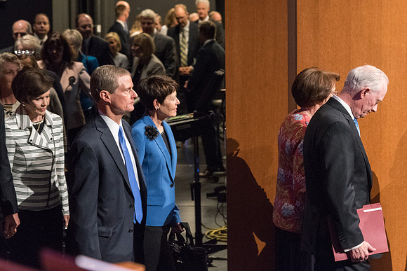 Elder David A. Bednar and Sister Bendar enter the BYU-Idaho Auditorium behind Elder and Sister Clark. 2017