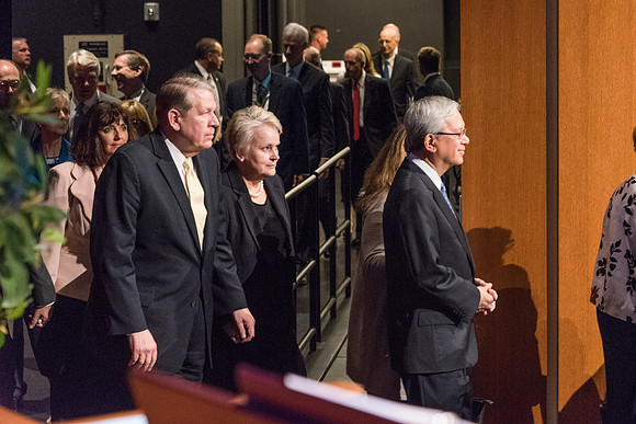 Donald L Hallstrom and Sister Hallstrom enter the stage at the start of the Inauguration. 2017