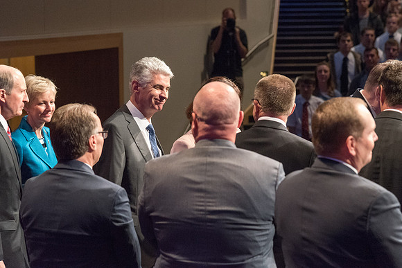 Bishop Causse smiles as he attends the Inauguration of Henry J. Eyring at BYU-Idaho.