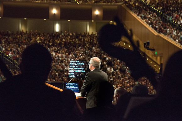 J. David Pulsipher, Faculty Association Representative, formally welcomes Henry J. Eyring as President.