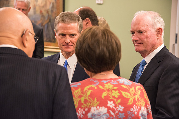 Former Presidents, General Authorities, Wives, and Presidents' families meet together post-Inauguration. (Pictured: Elder David A. Bednar, Elder Kim B. Clark, and Sister Sue Clark.)
