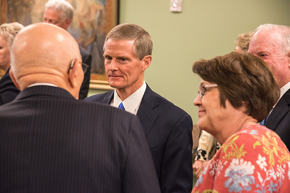 Former Presidents, General Authorities, Wives, and Presidents' families meet together post-Inauguration. (Pictured: Elder David A. Bednar, Elder Kim B. Clark, and Sister Sue Clark.)