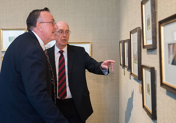 Friends and family gather in the Spori Art Gallery where President Henry B. Eyring's artwork is on display. President Eyring and Jon Linford, Sept 19, 2017.
