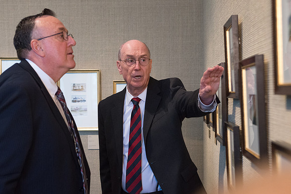 Friends and family gather in the Spori Art Gallery where President Henry B. Eyring's artwork is on display. President Eyring and Jon Linford, Sept 19, 2017.