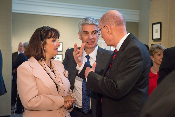 Friends and family gather in the Spori Art Gallery where President Henry B. Eyring's artwork is on display. Sept 19, 2017. Bishop Causse'