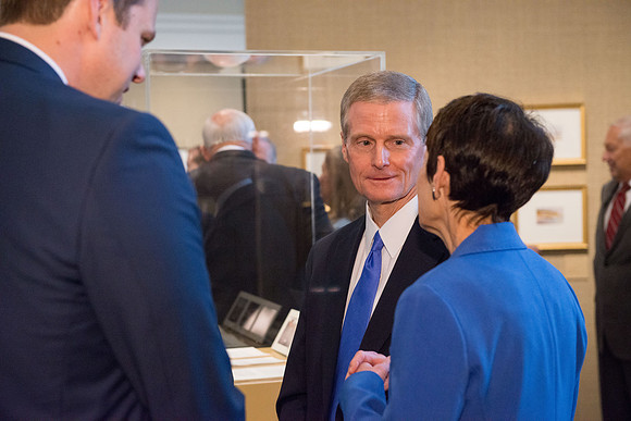 Friends and family gather in the Spori Art Gallery where President Henry B. Eyring's artwork is on display. Sept 19, 2017. Elder David A. Bednar