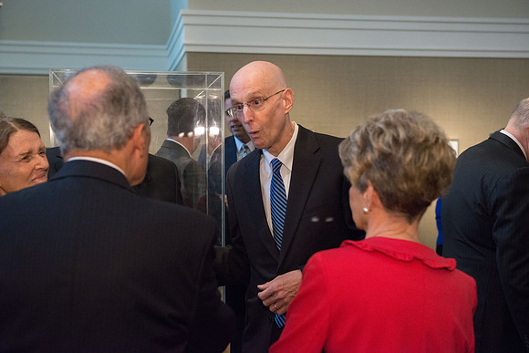 Friends and family gather in the Spori Art Gallery where President Henry B. Eyring's artwork is on display. Sept 19, 2017. President Henry J Eyring