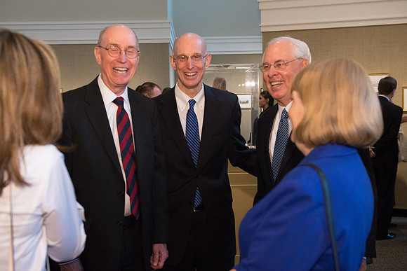 Friends and family gather in the Spori Art Gallery where President Henry B. Eyring's artwork is on display. Sept 19, 2017.
