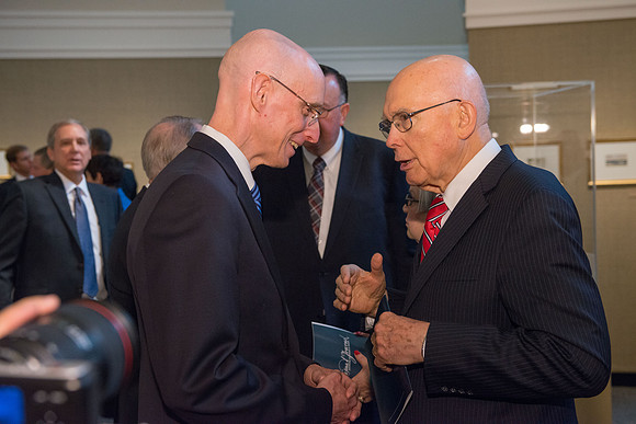 Friends and family gather in the Spori Art Gallery where President Henry B. Eyring's artwork is on display. Sept 19, 2017. President Henry J Eyring and Elder Dallin Oaks