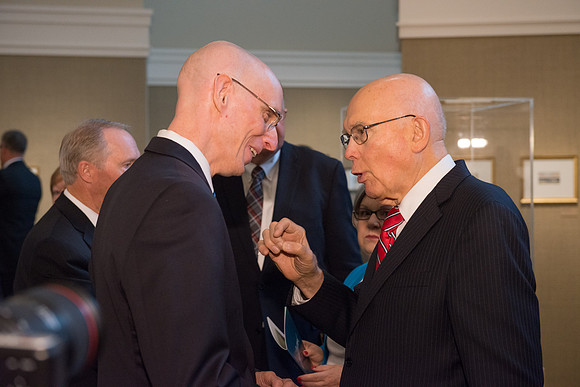 Friends and family gather in the Spori Art Gallery where President Henry B. Eyring's artwork is on display. Sept 19, 2017. President Henry J Eyring and Elder Dallin Oaks