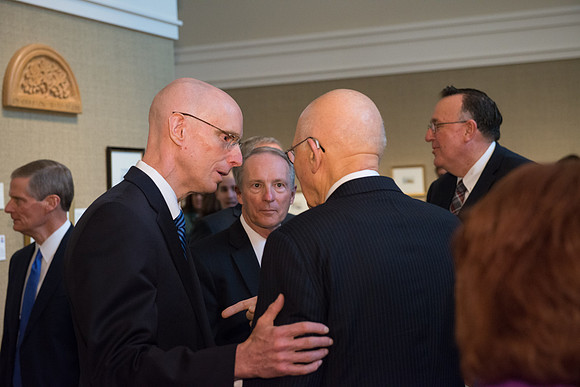 Friends and family gather in the Spori Art Gallery where President Henry B. Eyring's artwork is on display. Sept 19, 2017. President Henry J Eyring and Elder Dallin Oaks