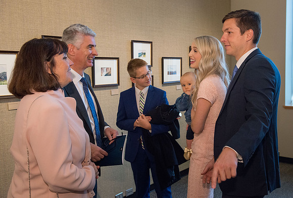 Friends and family gather in the Spori Art Gallery where President Henry B. Eyring's artwork is on display. Sept 19, 2017.