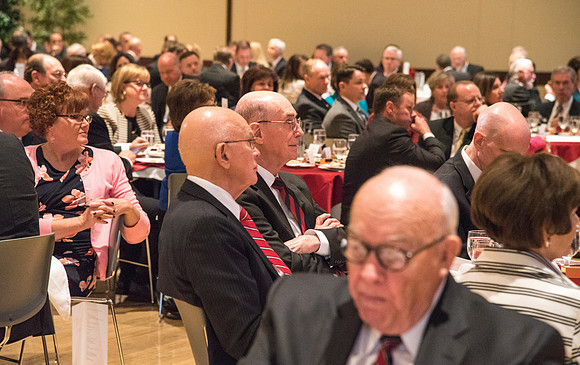 President Henry B. Eyring and Elder Dallin H. Oaks watch as the BYUI Vocal Union sing at the Inauguration Luncheon held in the MC Ballroom.