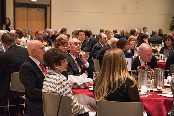 President Henry B. Eyring, Elder Dallin H. Oaks, Sister Kristen M. Oaks, and President Henry J. Eyring enjoy the BYUI Vocal Union while they sing at the Inauguration Luncheon held in the MC Ballroom.