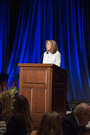 Sister Kelly C. Eyring speaks at the Inauguration Luncheon held in the MC Ballroom.