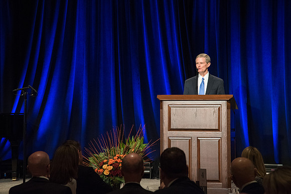 Elder David A. Bednar speaks at the Inauguration Luncheon held in the MC Ballroom.