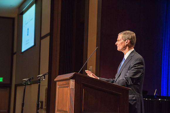 Elder David A. Bednar speaks at the Inauguration Luncheon held in the MC Ballroom.