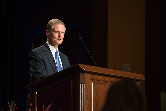 Elder David A. Bednar speaks at the Inauguration Luncheon held in the MC Ballroom.