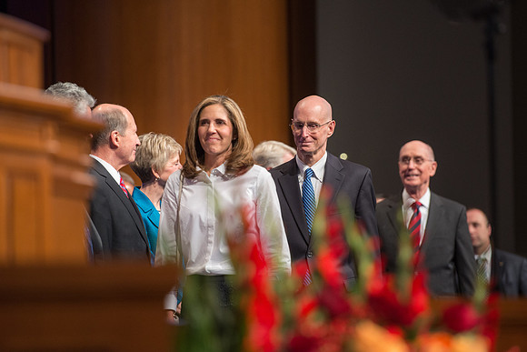 President Henry J and Kelly Eying walk in followed by President Henry B Eyring. September 19, 2017