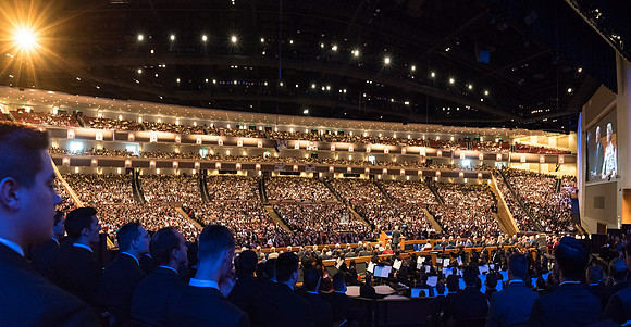 A panorama of the full I-Center Auditorium for President Eyring's Inauguration. 2017