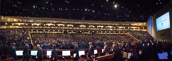 A panorama of the full I-Center Auditorium for President Eyring's Inauguration. 2017
