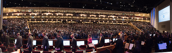 A panorama of the full I-Center Auditorium for President Eyring's Inauguration. 2017