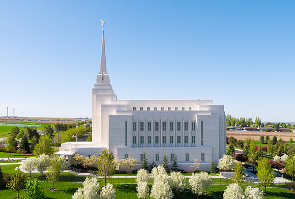 Drone aerials of the Rexburg Temple on a beautiful spring morning.