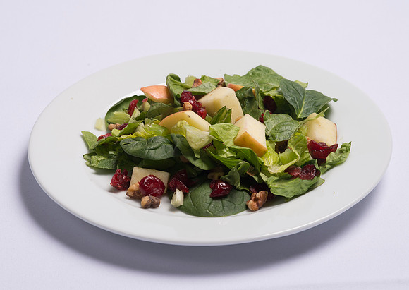BYU-Idaho Food Service Catering. Crisp Apple Salad, Fresh mixed Salad Greens, diced Apples, dried Cranberries, toasted Walnuts, and diced Celery. Served with Poppyseed Dressing.