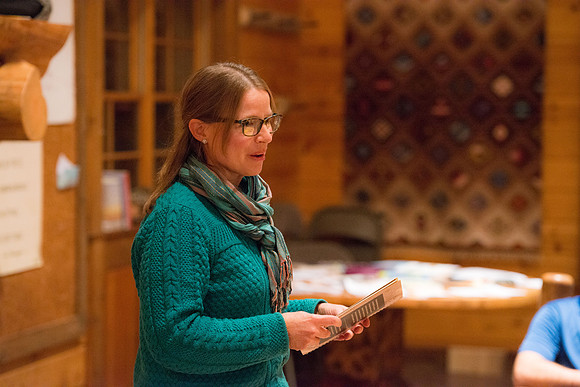 Retreat for teachers at the Sky Mountain Lodge in Victor, Idaho. Participants share a favorite book.